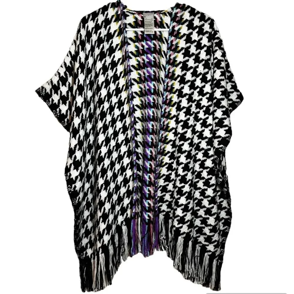 Chico's Houndstooth Ruana Poncho Fringe Short Sleeve Multicolor One Size